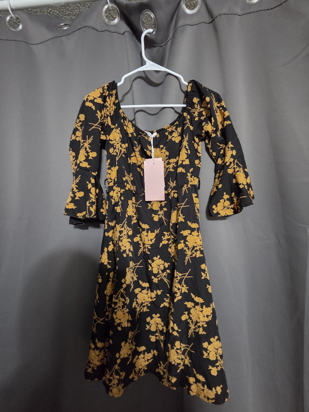 Women’s Black and Mustard Floral Fit & Flare Dress